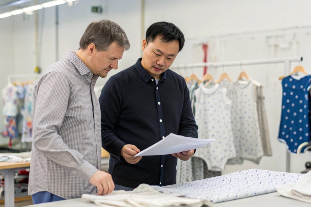 Business owners reviewing clothing designs
