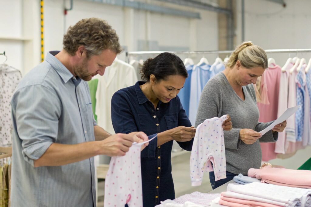 Production team reviewing the baby clothes