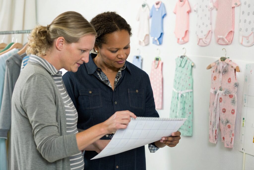 Project manager and brand owner discussing clothing plans