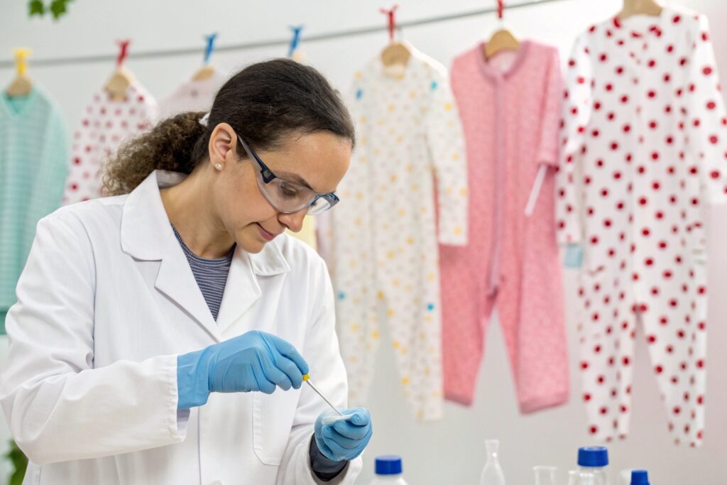 Quality control expert analyzing fabric in a lab with clothing in the background