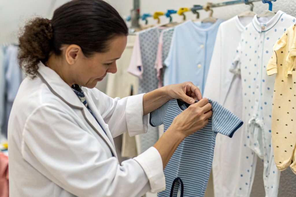 Quality control expert inspecting garment for quality