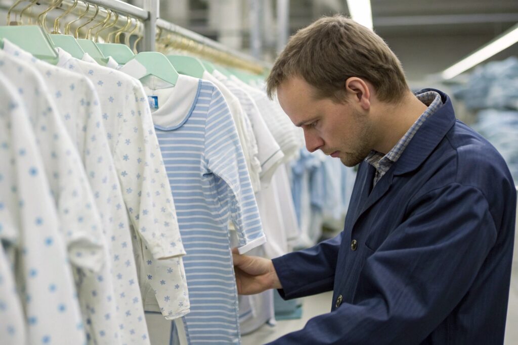 Quality control specialist inspecting finished babywear