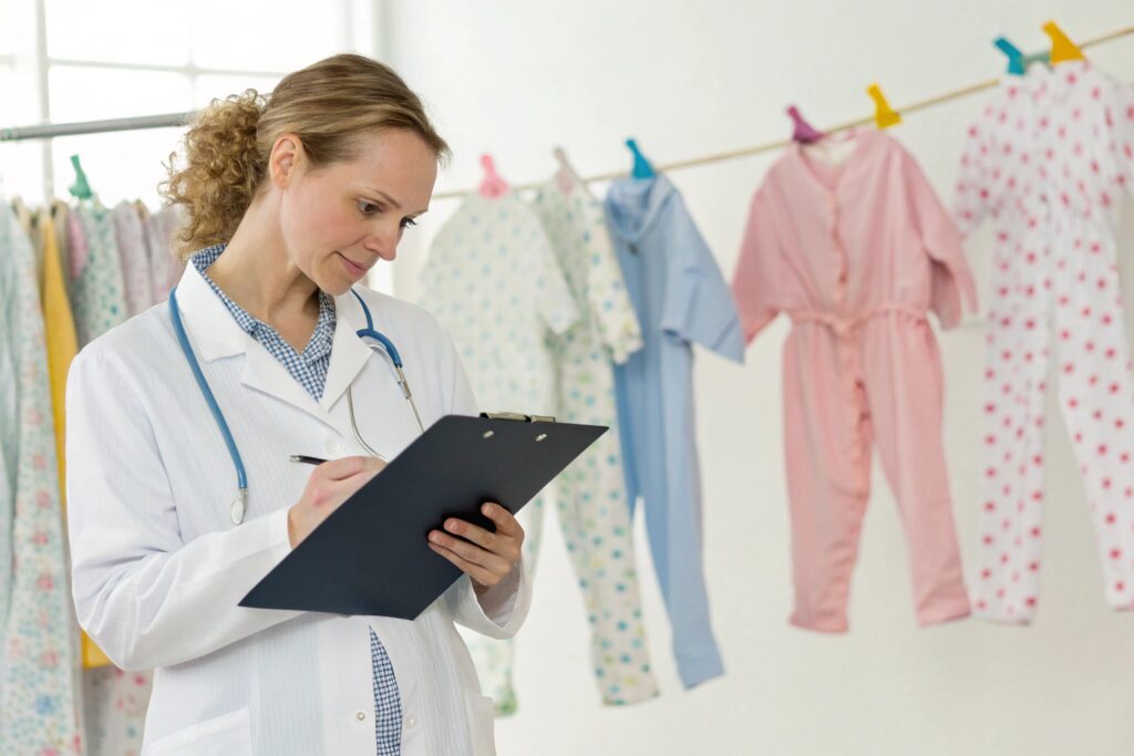 Quality specialist reviewing baby clothing
