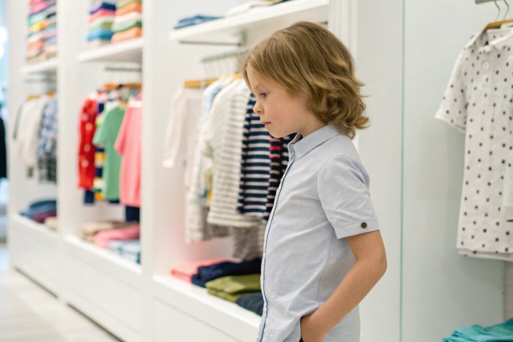 Shopper comparing different clothing options in a kidswear store
