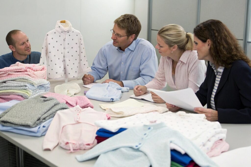 Team of business owners and designers reviewing clothing designs