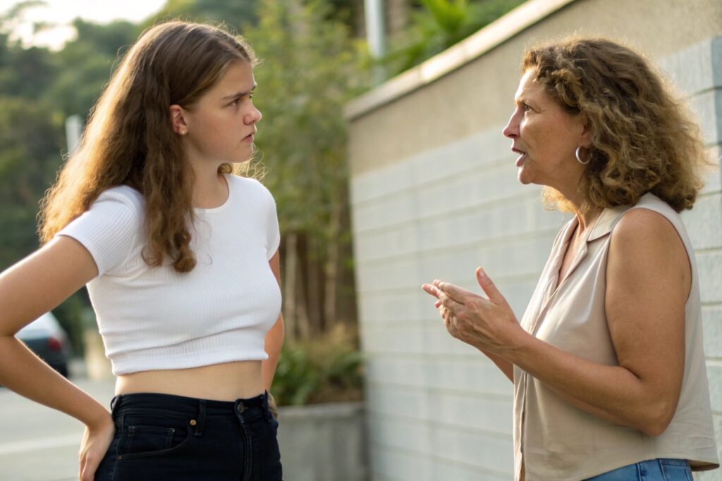 Teenager discussing clothing choices with parent