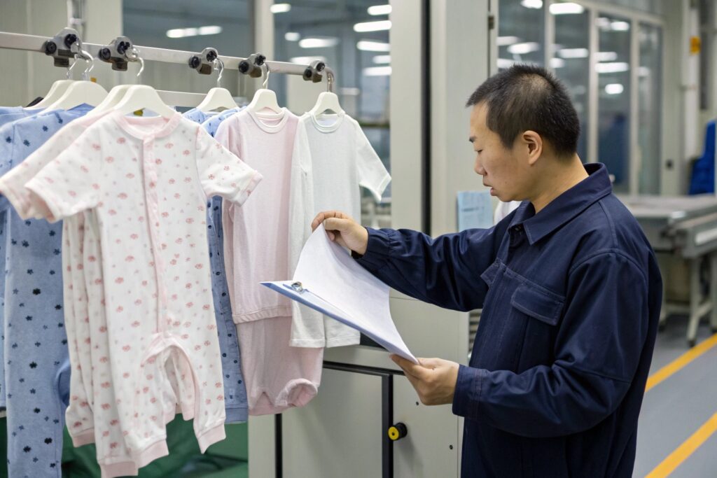 Quality Control Technician Reviewing Babywear Garment in Factory