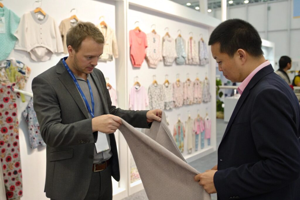 Buyer inspecting fabric at the trade fair