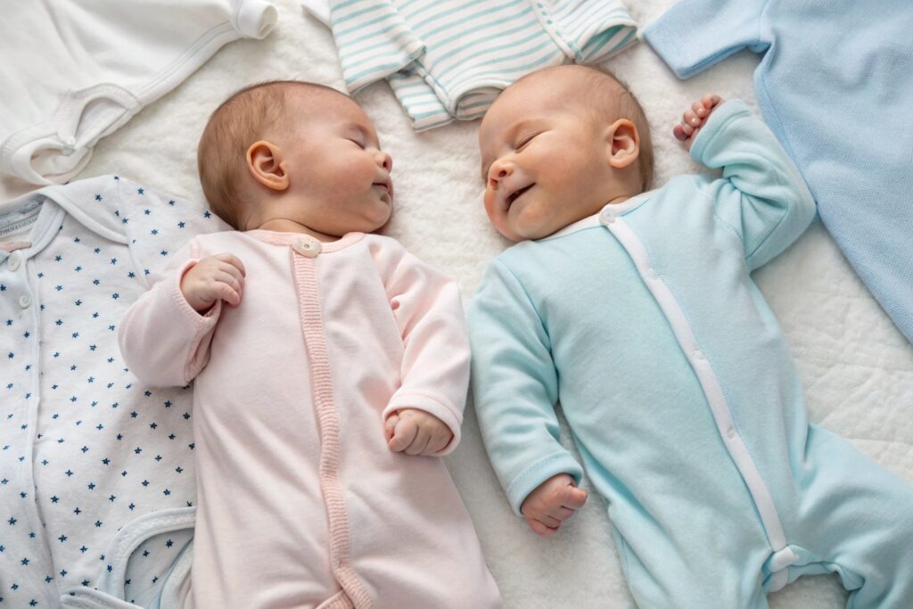 Two babies wearing soft cotton onesies, smiling