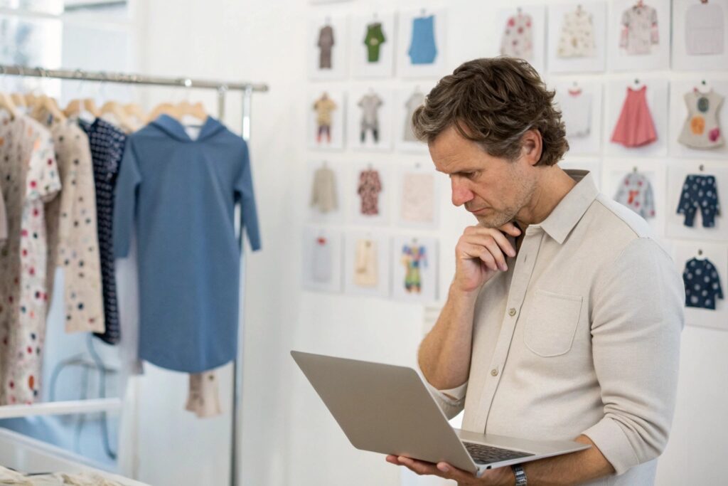 Business owner analyzing current designs