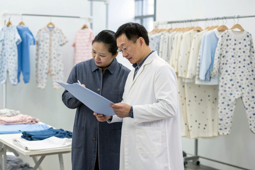 Business owner and quality inspector reviewing clothing