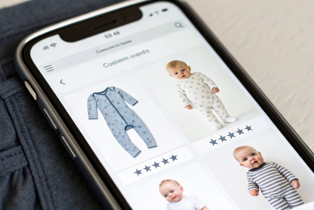 Close-up of a babywear product on a phone with ratings