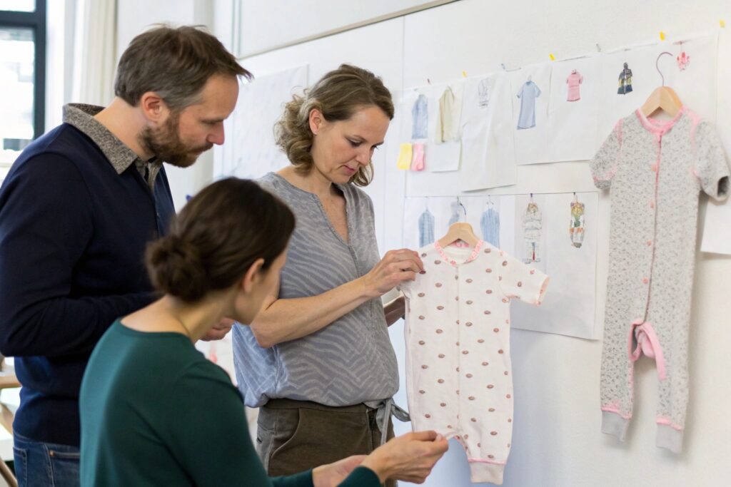 Design team brainstorming ideas for babywear