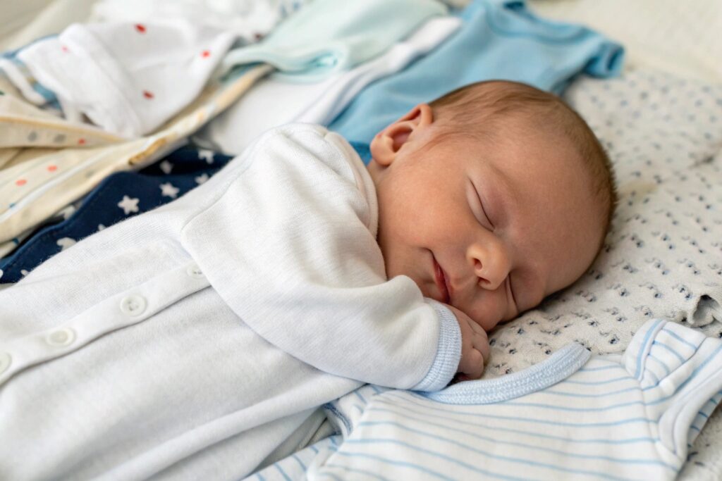 Newborn comfortably sleeping in baby clothes