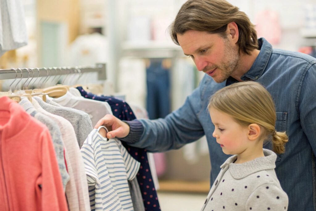 Parent shopping for children's clothes with their child