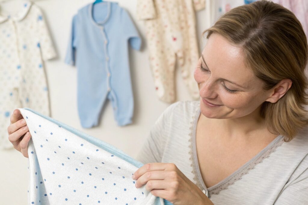 Parent or quality control expert inspecting baby clothes