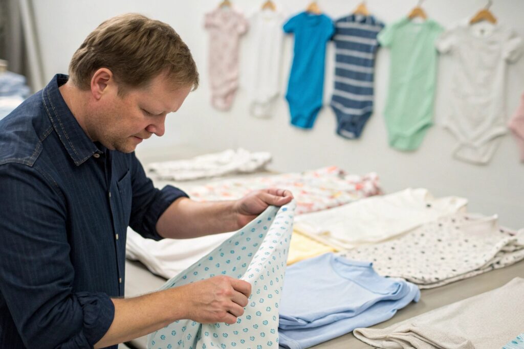 Product manager inspecting fabric