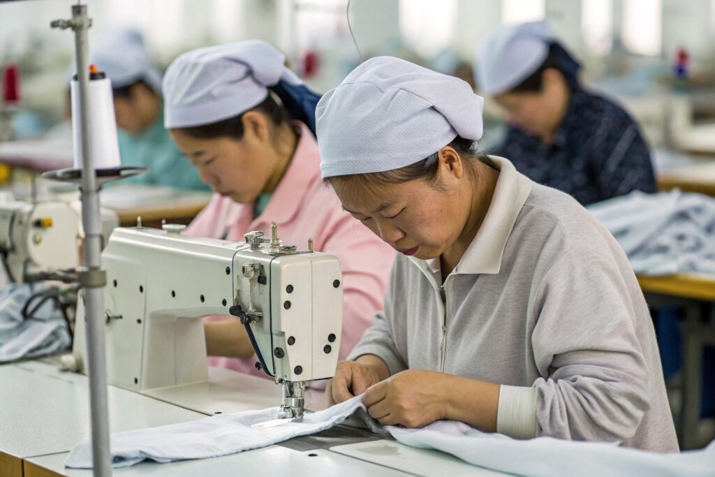 Industrial sewing machine in use by workers