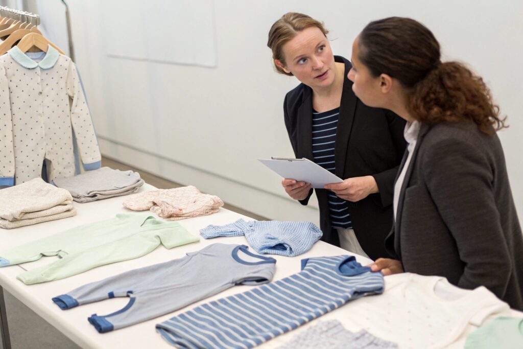 Brand representatives discussing babywear collection