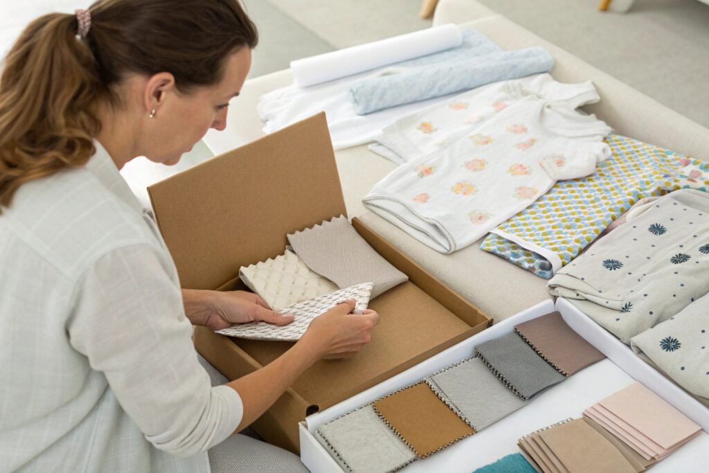Brand representative inspecting fabric swatches for babywear collection