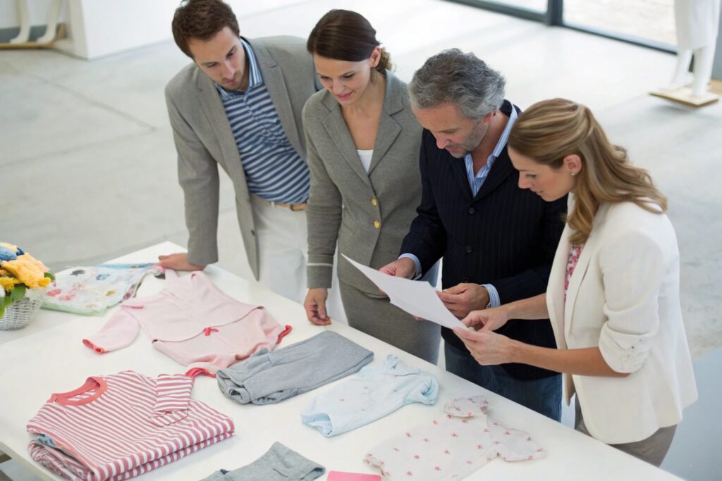 Business owner and team reviewing babywear designs