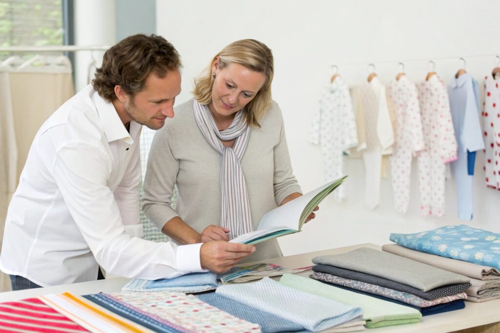 Business owners discussing fabric selection for kidswear