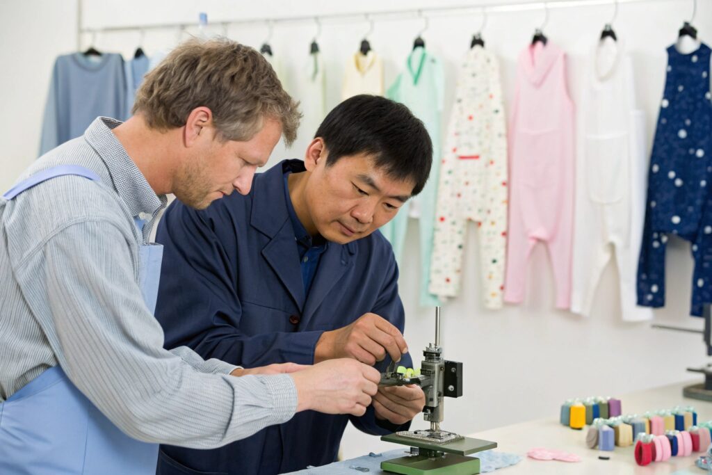 Business owner and factory worker collaborating on garment production