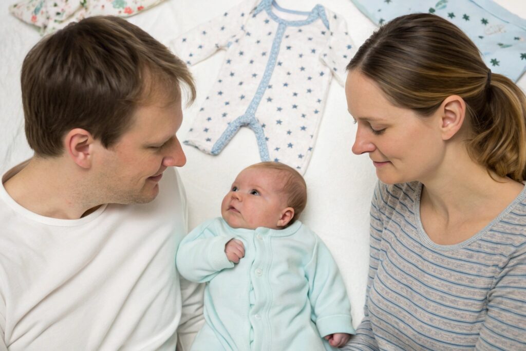Parents lovingly looking at their newborn with baby clothes