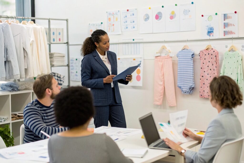 Business owner and team reviewing designs and charts