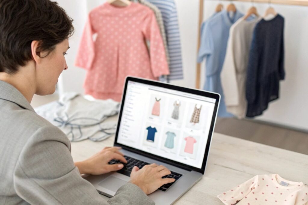 Business owner browsing baby clothes online