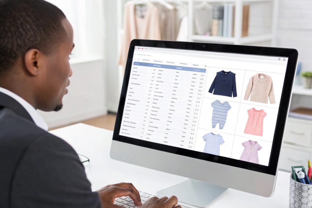 Business owner browsing clothing data