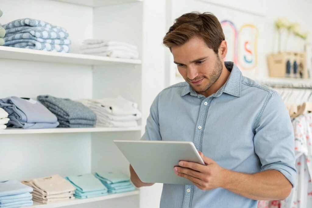 Business owner reviewing children's clothing on tablet