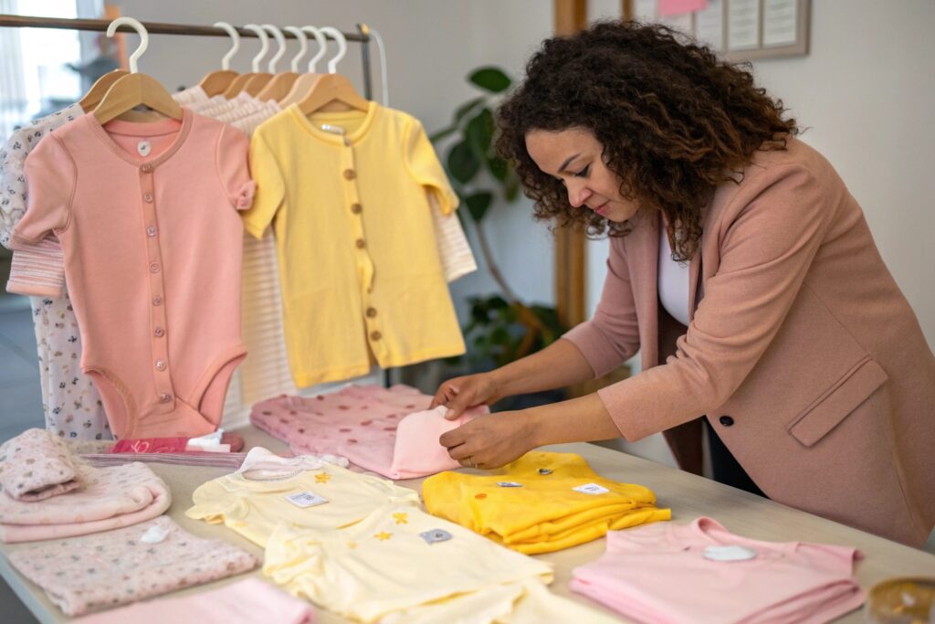 Business owner arranging baby clothes for display