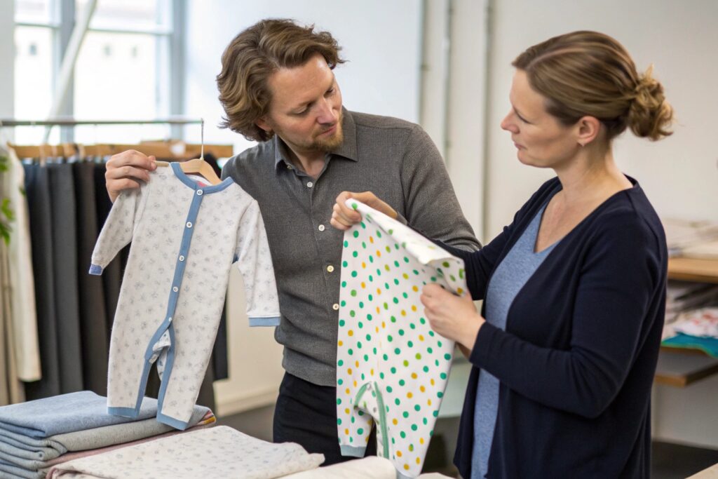Business owners reviewing babywear styles and fabrics