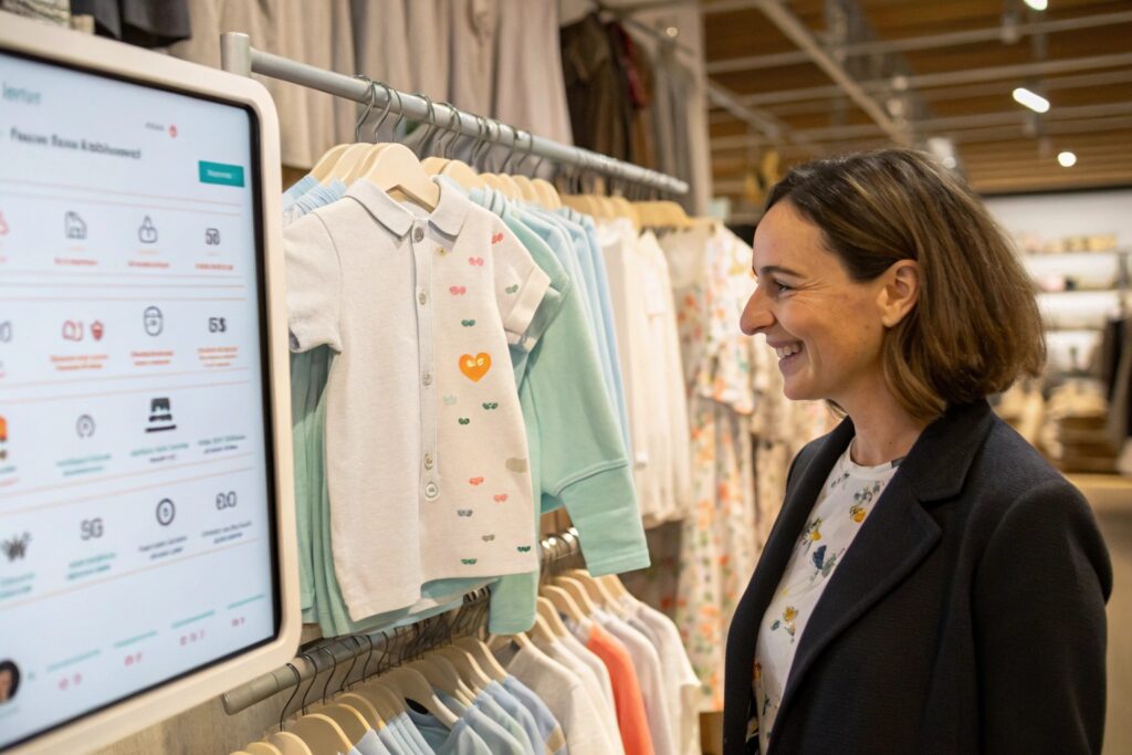Business owner exploring children's clothing collection on tablet