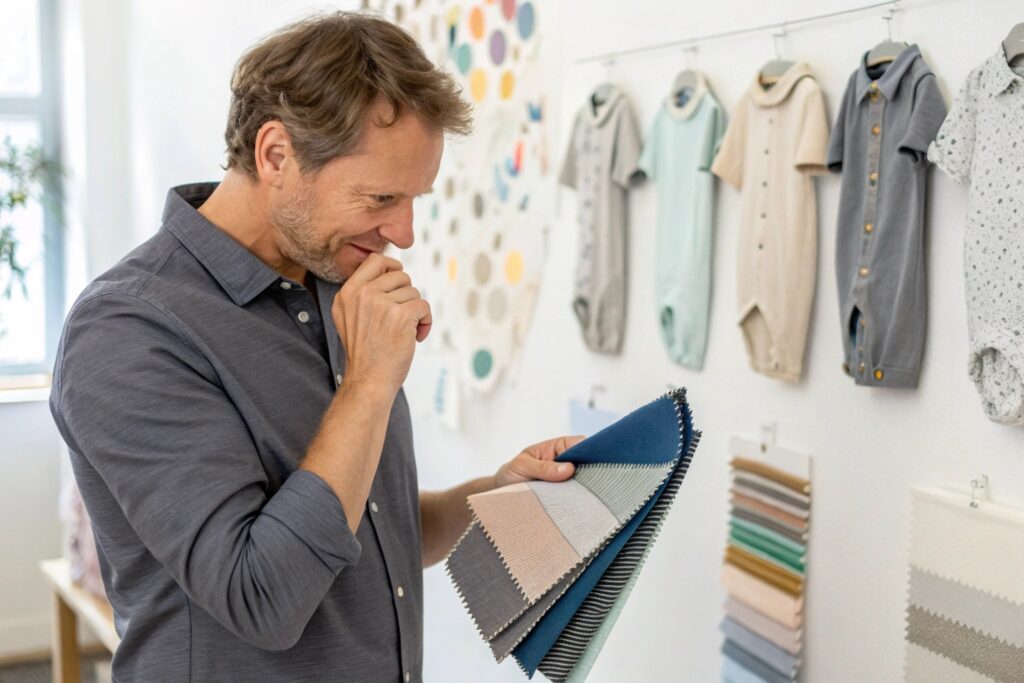 Business owner reviewing fabric swatches