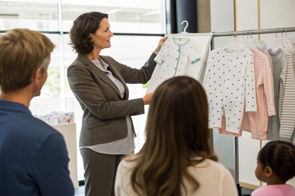 Business owner presenting babywear Business owner presenting babywear