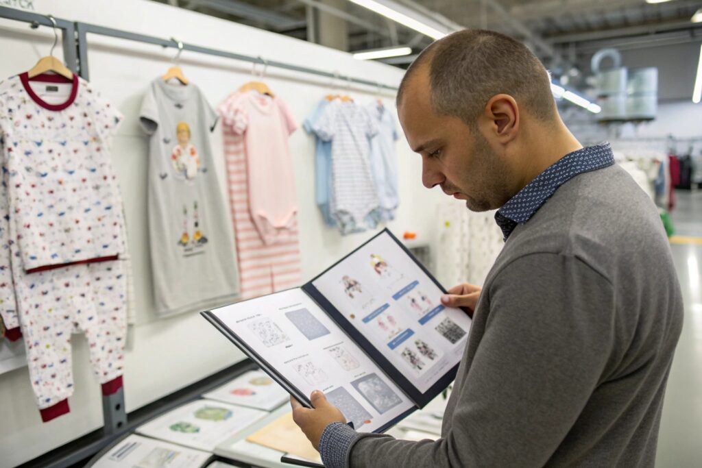 Business owner reviewing kidswear catalog