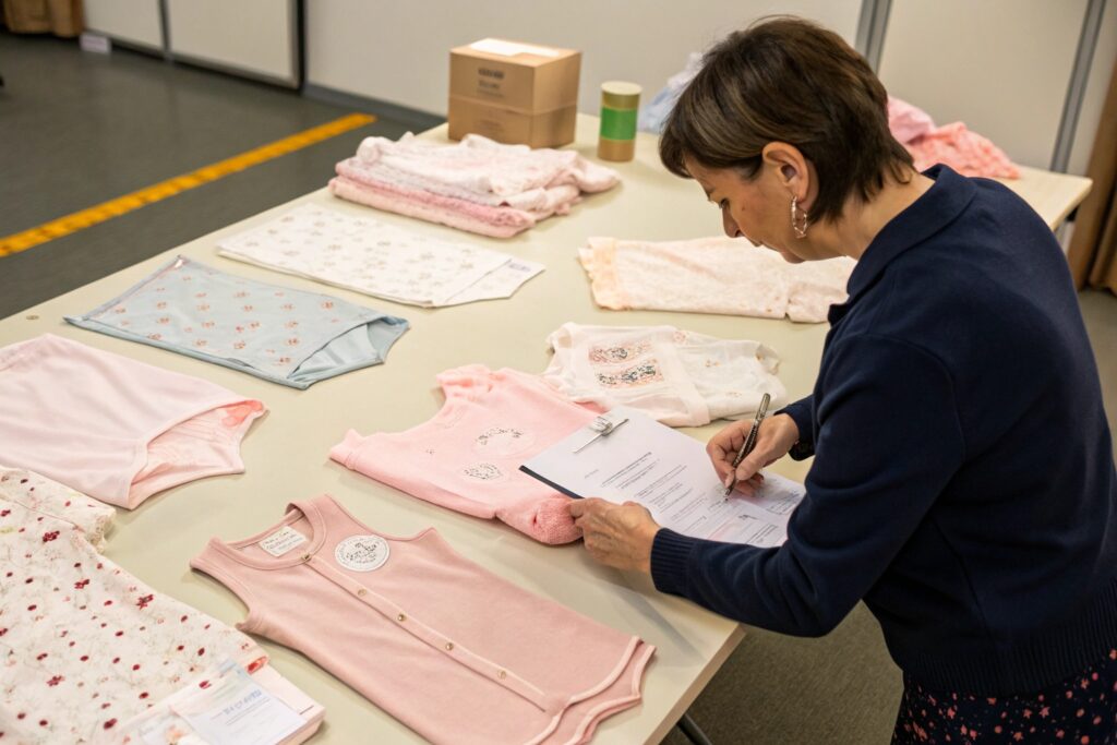 Business owner reviewing clothing items and signing paperwork