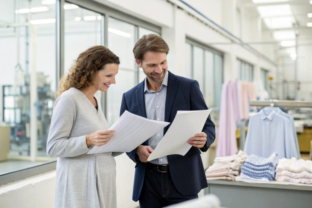 Business owners reviewing fabric samples in production