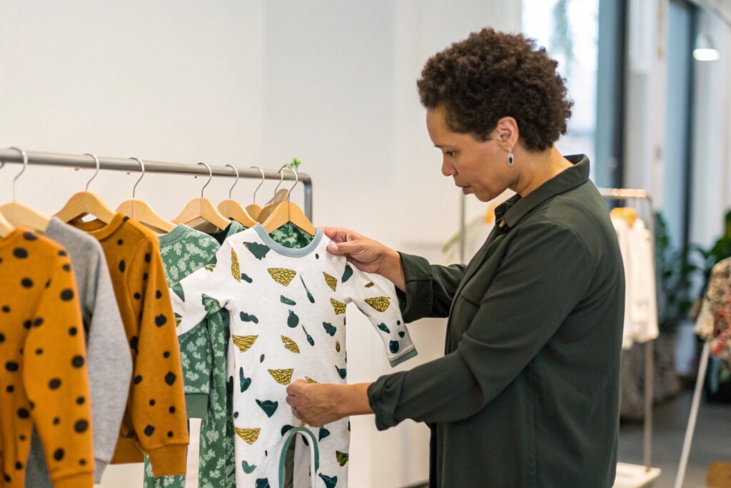 Business owner reviewing baby clothes collection