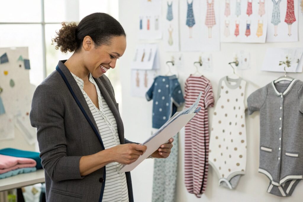 Business owner reviewing design samples for children's clothing