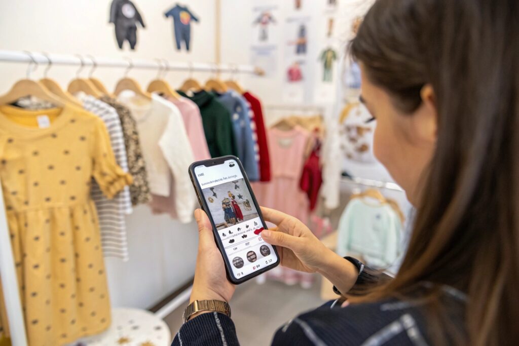 Business owner scrolling through clothing catalog on phone