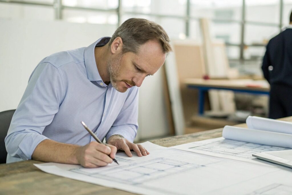 Business owner reviewing blueprints