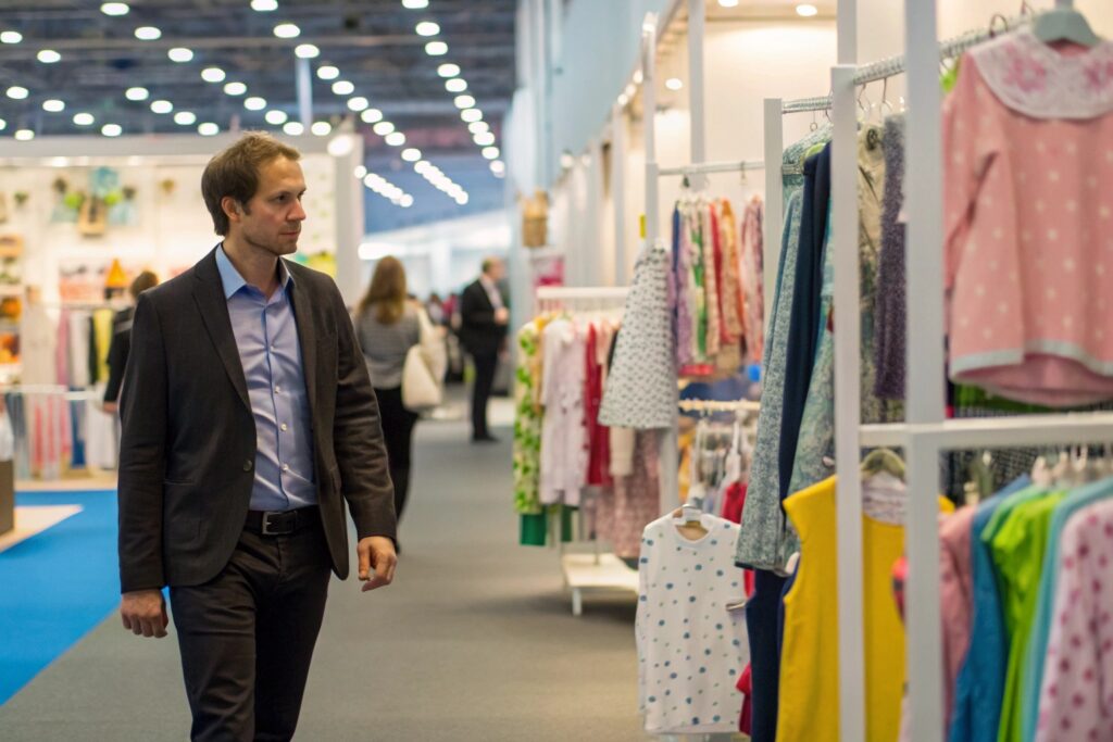Business owner walking through the clothing exhibition