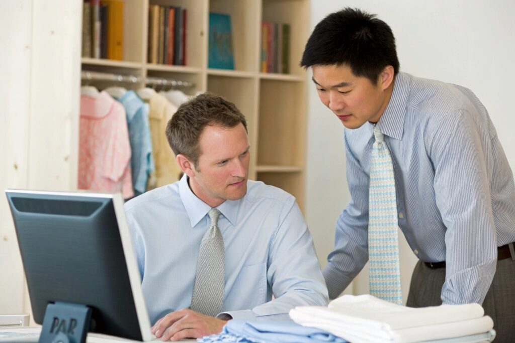 Business owners discussing at work