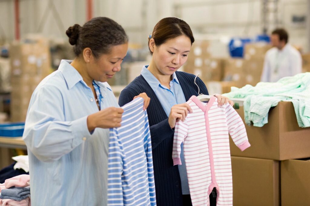 Business owners inspecting clothes