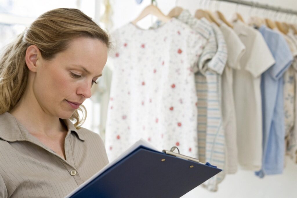 A buyer reviewing children's clothing designs with a clipboard