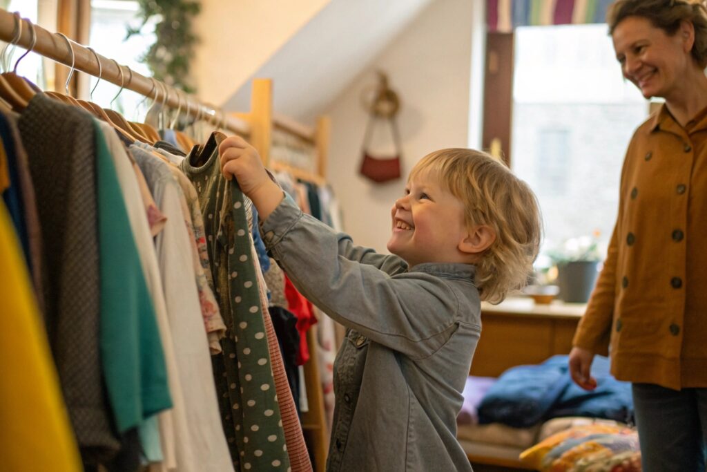Child selecting clothes happily