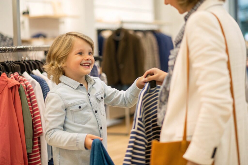 Child joyfully selecting clothes